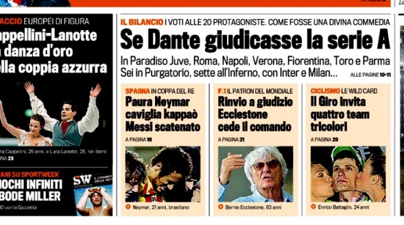 La Gazzetta dello Sport elegge Dante a giudice delle squadre di serie A: articolo ridicolo